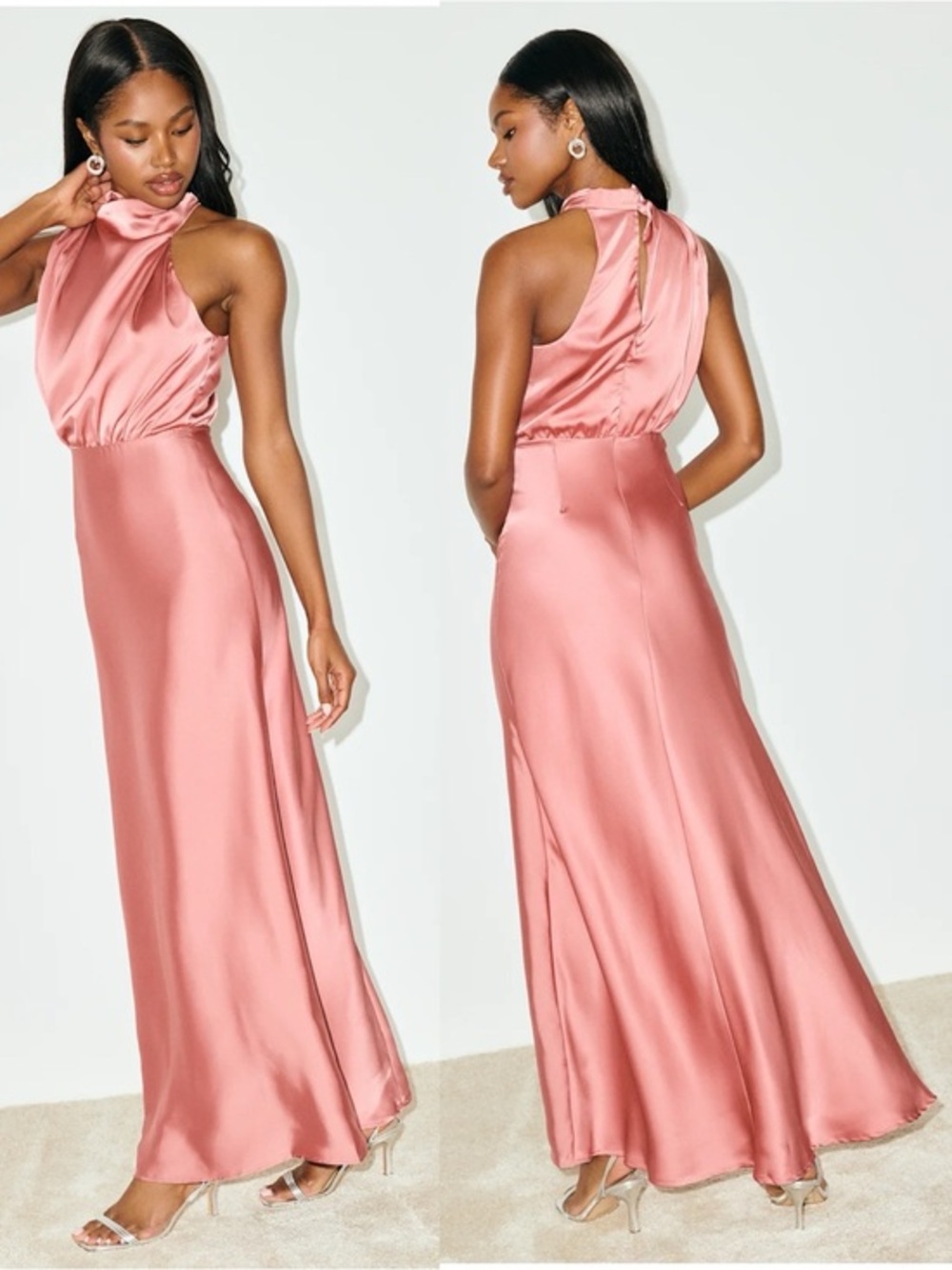 NWT Lulu’s Distinctive Charm Rose Pink Satin Asymmetrical Maxi Dress Romantic